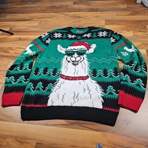 Ugly Christmas Sweater Llama Sunglasses Santa Green XL Funny Holiday Pullover